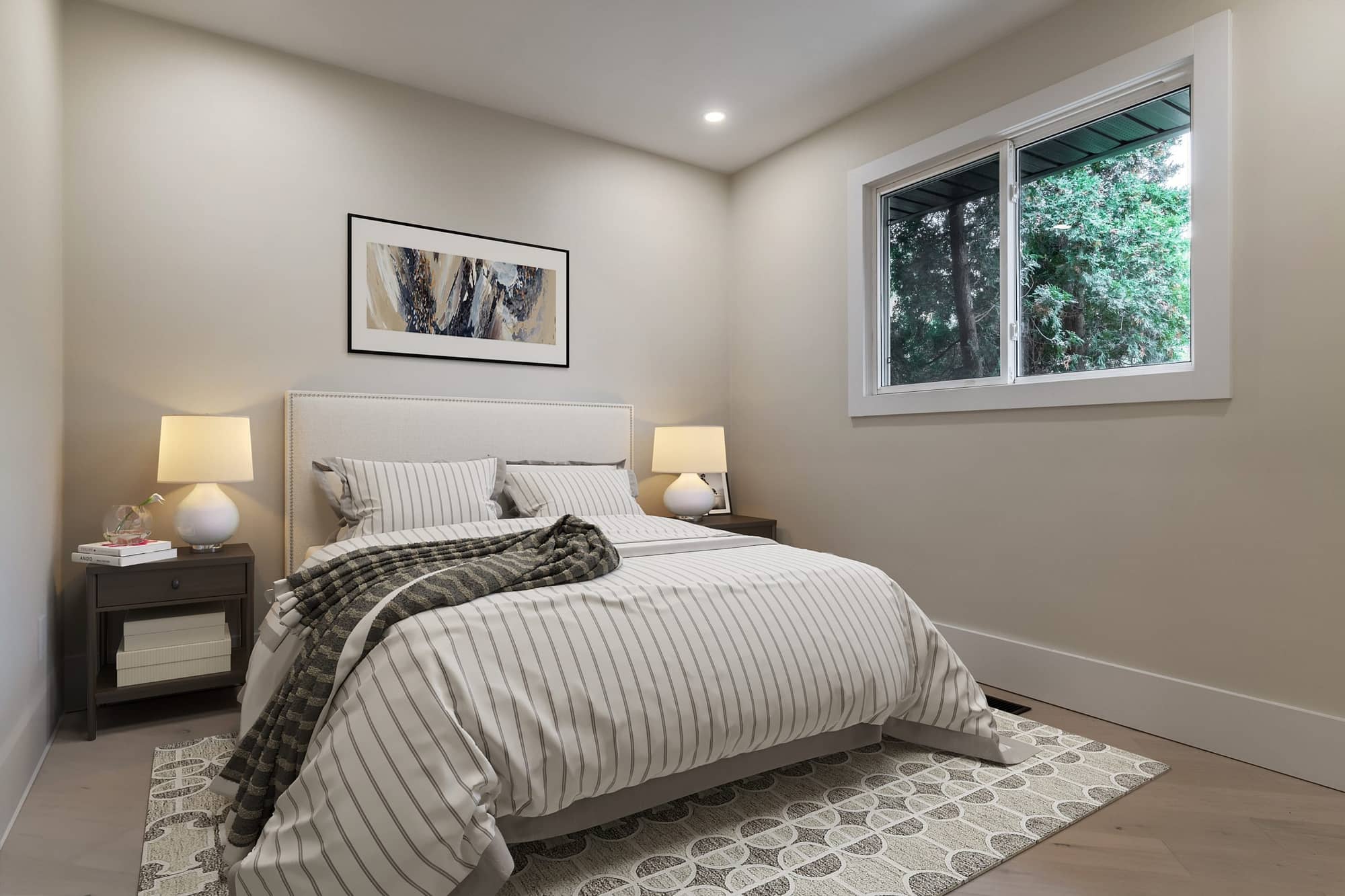 Bedroom with virtually staged beds and side tables for real estate photography in Burlington Ontario