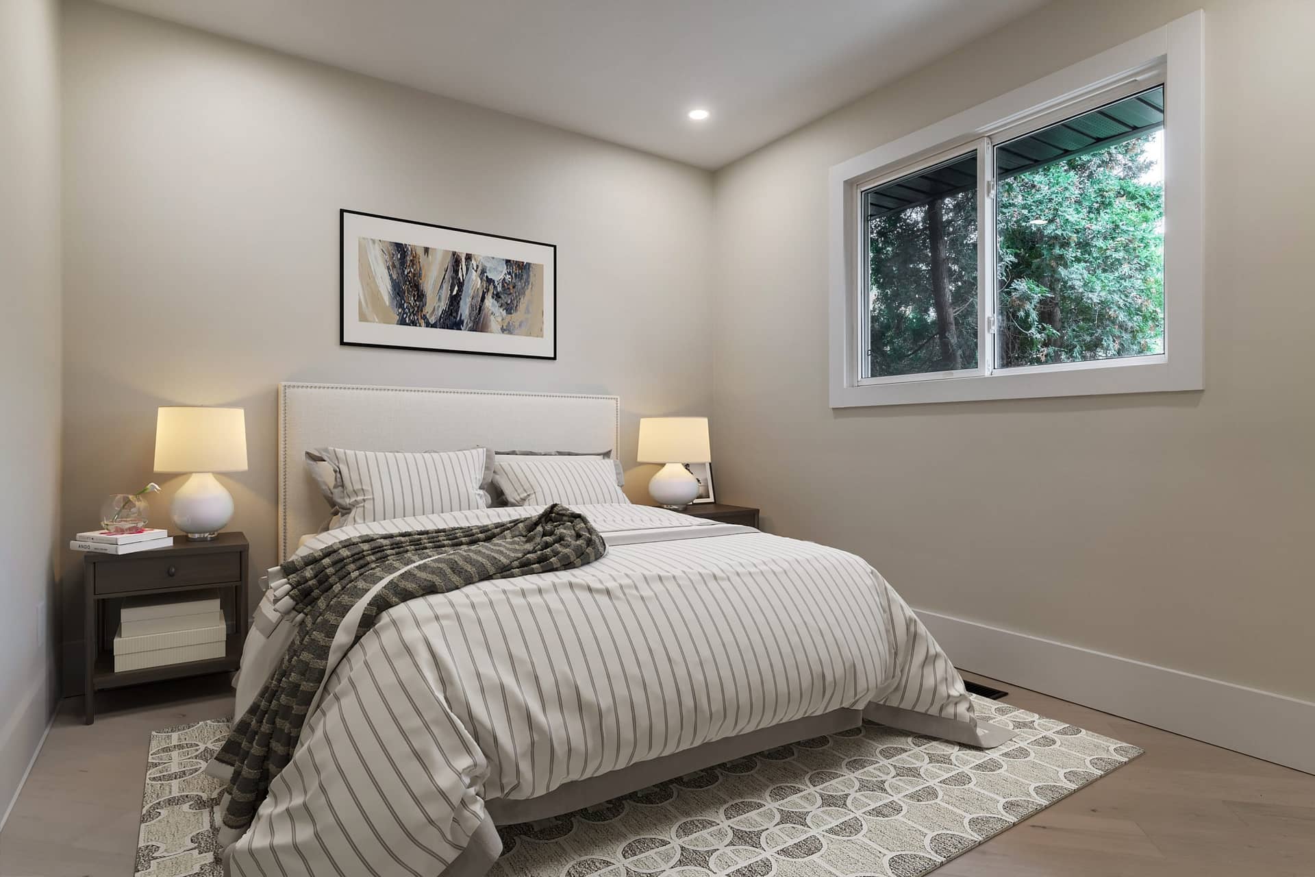 Real Estate 17 by Snapscene Photography Bedroom with virtually staged beds and side tables for real estate photography in Burlington Ontario